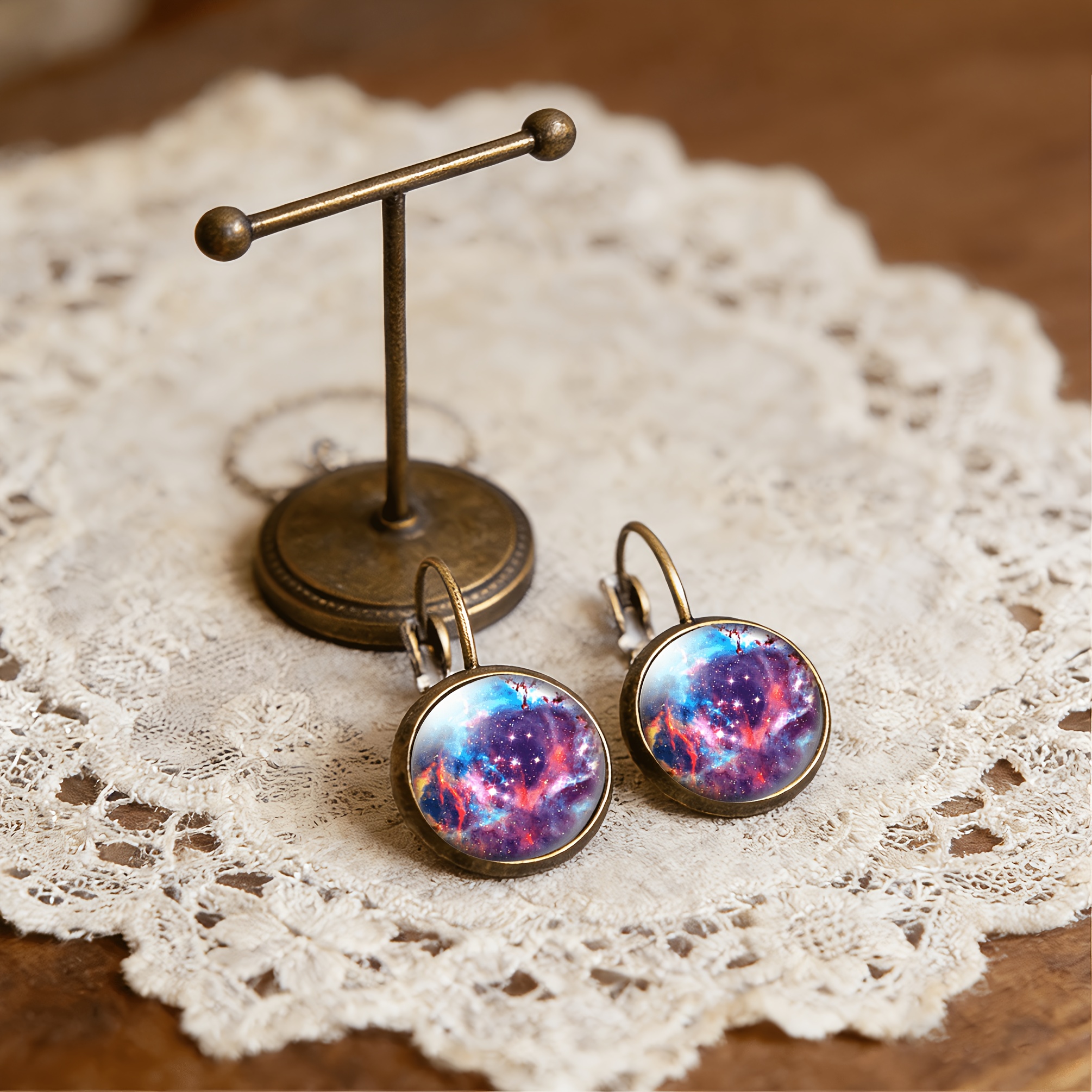 2pcs Cyan Round Classical Earrings Set with Universe Nebula Design